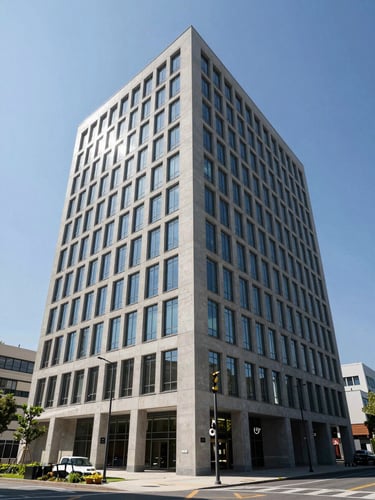 Straight-on architectural elevation of a modern concrete and glass corporate headquarters, bright clear midday sun, sharp shadows, wide-angle perspective emphasizing physical scale.