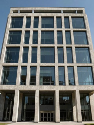 Straight-on architectural elevation of a massive, modern concrete and glass corporate headquarters under clear midday sun, emphasizing geometric structure and scale.