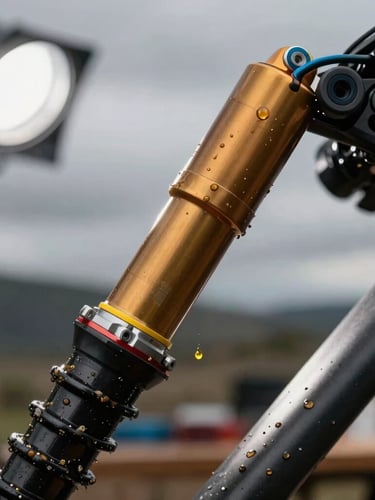 Extreme close-up of a mountain bike rear shock damper being disassembled in a clean workshop, specialized gold suspension fluid dripping, high-contrast spotlighting, dynamic composition, 35mm lens.