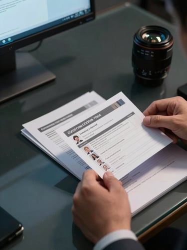 Close-up of a hiring manager's hands reviewing structured candidate profile cards on a dark glass desk, cool blue monitor glow illuminating the documents, sharp shadows, high contrast