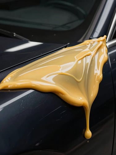 Extreme close-up, liquid wax being applied to a dark car panel, showing a smooth, buttery glide. High-contrast studio lighting, deep liquid reflections, warm gold and dark navy tones, 85mm.