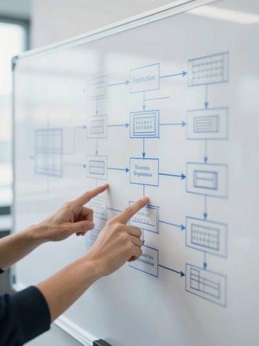 Crisp editorial photography of an engineering whiteboard with real architecture diagrams, hands pointing at a system flow, cool office daylight, shallow depth of field