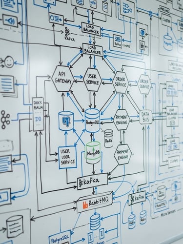 Close-up of a real system architecture diagram drawn on a white board with blue and black markers, clean lines, technical blueprint style, natural office daylight, crisp editorial photography