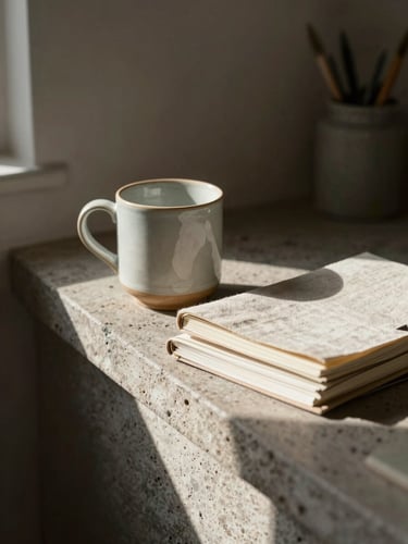 A quiet, sunlit corner of an artist's studio, a ceramic mug sitting next to a stack of linen notebooks on a textured stone ledge, soft afternoon shadows.