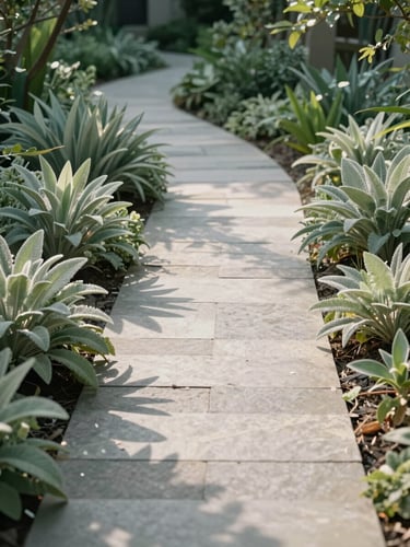 A quiet, sunlit stone path winding through a minimalist garden with sage green foliage, soft afternoon shadows, peaceful atmosphere.