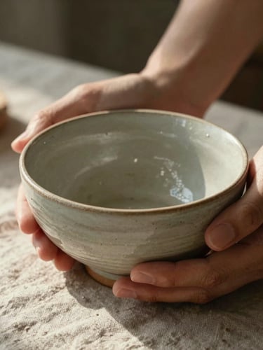 A close-up of hands holding a raw, textured ceramic bowl in soft morning light, casting gentle shadows on a linen surface.