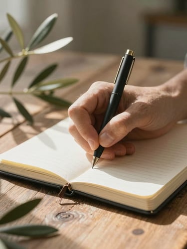 A close-up of hands writing in a linen journal on a rustic wooden table, soft morning light filtering through olive branches, quiet and focused atmosphere.