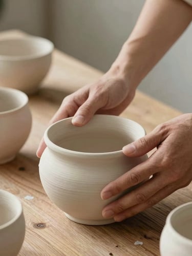 A close-up of hands arranging raw ceramic vessels on a rustic wooden table, soft morning light, natural textures