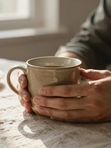 A close-up of hands holding a warm ceramic mug on a textured linen tablecloth, soft morning light filtering through a window, shallow depth of field.