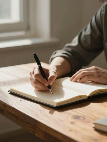 A portrait environmental shot of a person sitting quietly at a wooden desk in a sunlit studio, writing in a linen notebook. Soft morning light streams through a window, casting long, gentle shadows. Raw textures of stone and wood are visible. Calm, intentional, and grounded B2B atmosphere.