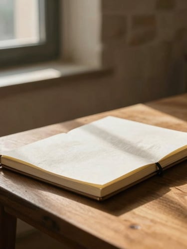 A quiet, sunlit room with raw stone walls, a wooden table holding a linen notebook, soft shadows cast by a window, warm morning light, high depth of field.