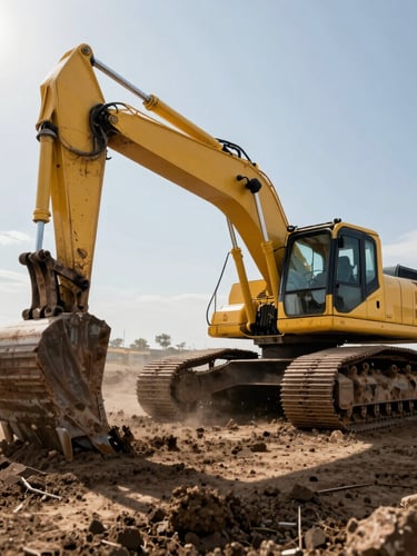 Low-angle dramatic photograph of a heavy yellow excavator working on dark soil, harsh natural sunlight, dust particles in the air, industrial power