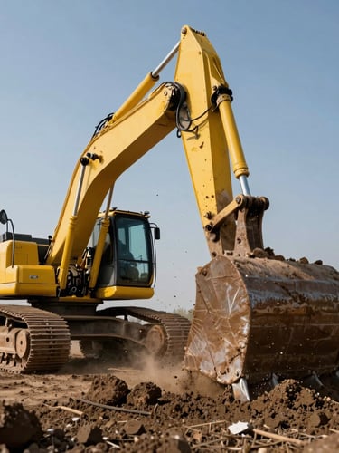 Low-angle dramatic shot of a heavy yellow excavator bucket digging into dark soil, high-visibility yellow paint, dust particles in the air, harsh natural sunlight, industrial 35mm photography