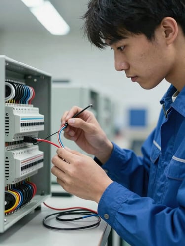 Close-up of a student in a clean blue uniform wiring an electrical control panel under bright workshop light, focused expression