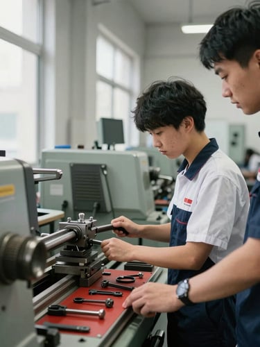 A medium shot of a modern industrial training workshop, bright natural lighting, clean tools organized on a red panel, a student in a neat uniform operating a lathe machine under the guidance of an instructor.