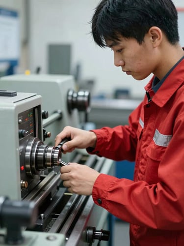 A student in a clean red uniform operating a heavy lathe machine under bright workshop lighting, focused expression, hands-on technical training.