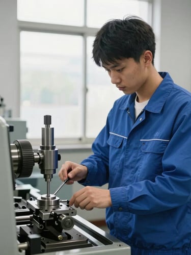 Medium shot of a young male student in a clean blue engineering uniform operating a precision metal lathe machine in a bright, well-lit workshop, natural window light.