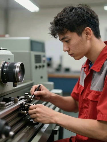 A young technician in a neat red-trimmed uniform operating a lathe machine, focused expression, bright natural workshop light