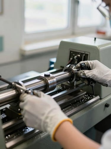 A close-up of a student's hands in protective gloves operating a heavy-duty lathe machine in a bright workshop, metal shavings visible, under clear natural window light.