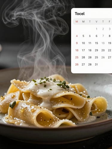 Extreme close-up of steam rising from a fresh handmade pasta dish on a dark ceramic plate, with a crisp, clean floating UI calendar overlay showing scheduled social media posts on the right side. Dramatic chiaroscuro lighting.