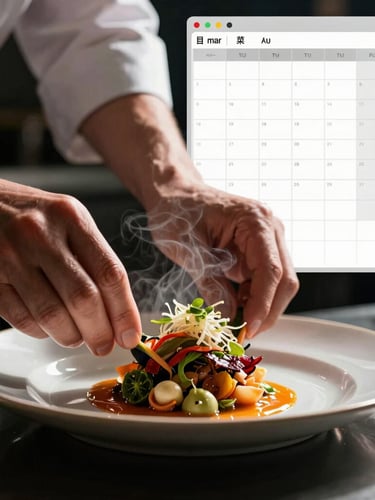 Extreme close-up of a chef's hands plating a vibrant dish in a dark kitchen, steam rising from the food, dramatic side-lighting with deep shadows, high-definition sharpness, with a clean, semi-transparent digital scheduling interface overlay showing calendar slots.