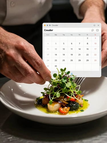 Extreme close-up of a chef's hands plating a vibrant dish with microgreens, side-lit with deep shadows, overlaid with a clean technical scheduling calendar UI mockup.