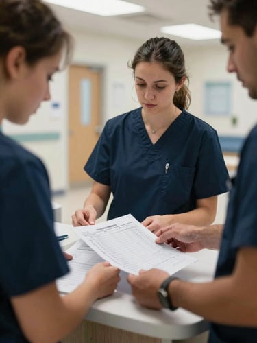 Close documentary framing, overcast natural light, two care team members reviewing a paper schedule at a nursing station counter, hands visible holding documents, clinical corridor visible softly out of focus in background, muted navy and white tones, candid moment not posed