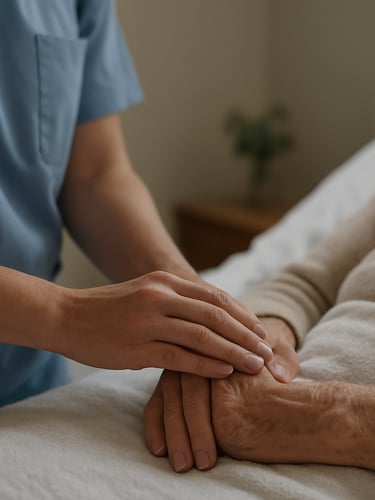 Close-up of a care professional's hands gently guiding an elderly resident's arm during morning care, natural overcast window light from the left, clinical but warm bedside environment visible in soft background focus