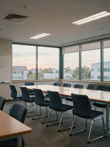 Wide environmental shot, late-afternoon overcast light through floor-to-ceiling windows of an empty modern care organization meeting room, chairs arranged around a long table, a whiteboard with handwritten text partially visible at the far left edge, documentary framing, navy and neutral tones, no people
