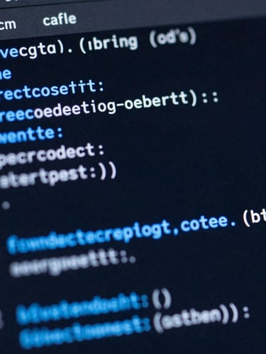 Macro close-up of a clean code interface on a dark screen, glowing blue syntax highlighting, soft ambient light, sharp focus, professional tech-editorial style.