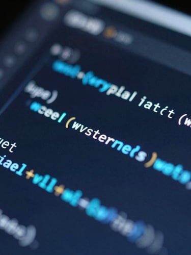 Macro close-up of clean code interface on a dark screen, glowing electric blue and cyan data lines, sharp focus, moody ambient light.