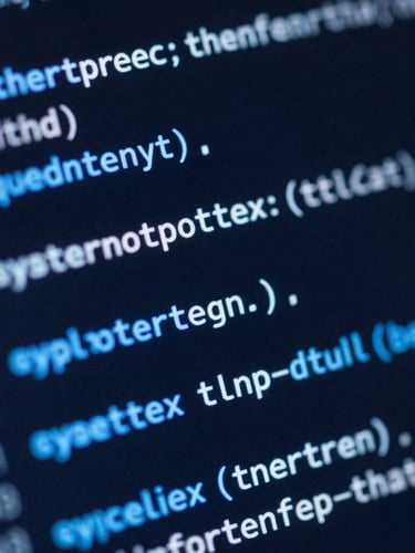 Macro close-up of a dark screen showing clean Python and SQL code, electric blue syntax highlighting, shallow depth of field