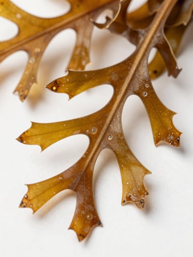 Extreme close-up macro shot of dried Sargassum fronds on a white surface under bright diffused studio light, showing branching golden-brown structure, air bladders visible along stems, fiber detail sharp and clinical, overhead angle, no shadows