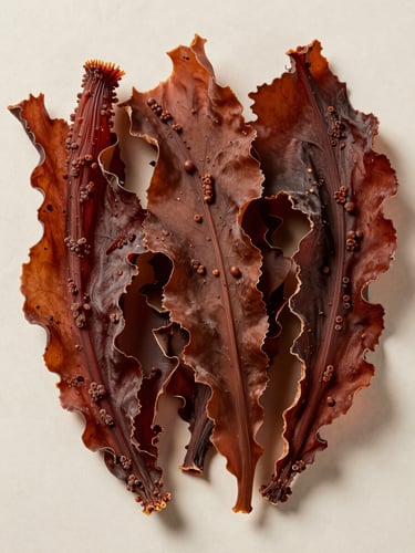 Overhead flat-lay of dried Gracilaria seaweed spread across a pale neutral surface, bright diffused studio light revealing the reddish-brown frond texture, shadow-free, macro detail visible at edges