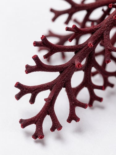 Extreme close-up macro of dried Gracilaria fronds on a white surface, showing branching fiber structure and deep burgundy-red coloration, bright diffused studio light, overhead angle, no shadows, clinical product photography