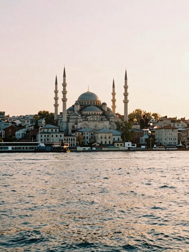 Warm sunset light over the Golden Horn in Istanbul, nostalgic 35mm film grain, soft cream tones