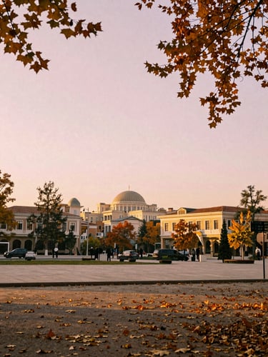 Elegant golden hour view of Kuğulu Park in Ankara, soft autumn leaves, nostalgic film grain, warm tones