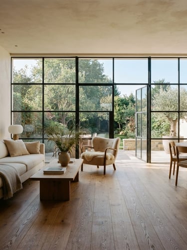 Wide-angle architectural shot of a sun-drenched living room with wide-plank European oak flooring sweeping toward large steel-framed windows, soft morning light, warm minimalist interior