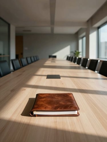 Wide architectural interior, a long conference table seen from the far end, north-facing daylight raking across the surface at a low angle, a single leather portfolio open on the table, no people, controlled studio light, deep perspective lines converging at the vanishing point