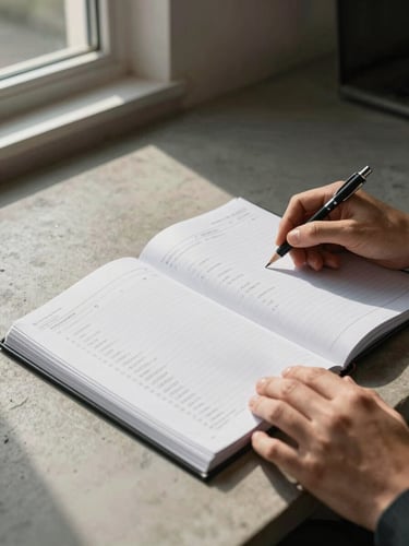 Wide environmental shot, close detail of hands resting on an open financial ledger atop a bare concrete desk, a single mechanical pencil beside the page, lit by controlled north-facing daylight from a tall off-frame window casting clean parallel shadows across the document surface, no warm tones