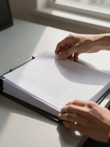 Close detail of hands placing a document inside a structured binder on a matte grey desk, north-facing daylight from a high window, no warm tones, crisp shadows defining the paper edges, tight crop showing only the surface and hands