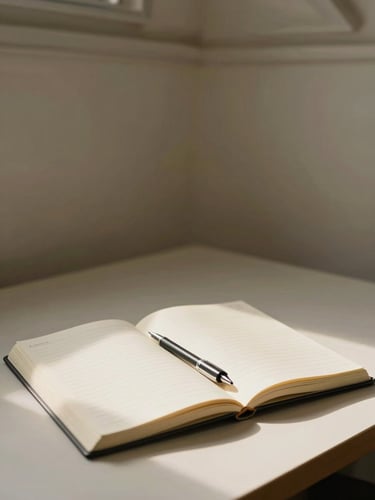 Wide environmental shot of a minimal office corner, a single open notebook with ruled pages on a pale desk, a mechanical pencil resting diagonally across the page, north-facing diffused daylight, no warm tones, architectural ceiling detail visible above