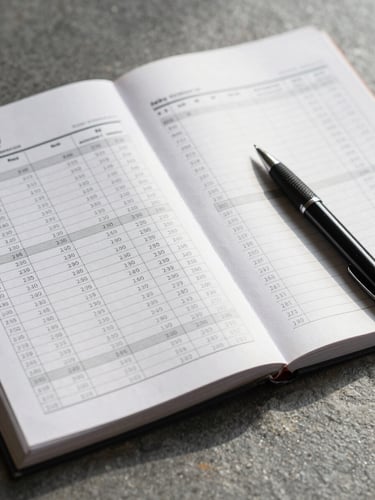 Close detail of a tax ledger open on a grey stone surface, a single pen resting on the right page, controlled north-facing studio light creating crisp shadows across the columns of figures, tight editorial crop, no people