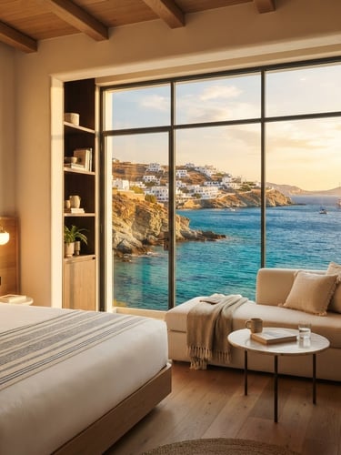 Modern boutique hotel interior with a large window overlooking a sun-drenched coastal landscape, warm golden hour light, wide-angle cinematic lens, rich saturated blues and whites.