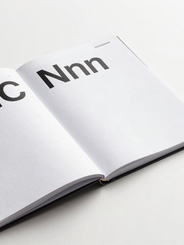 Orthographic flat-lay of an open graphic design manual on a stark white background. Sharp black typography on heavy white paper, visible grid lines, flat diffuse studio lighting, minimal hard shadows.