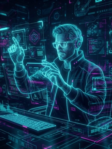 A high-tech holographic portrait of a male software developer, glowing neon cyan outlines, digital grid background, dark ambient cyberpunk lighting.