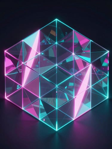 Isometric 3D render of sharp geometric glass panels reflecting neon pink and cyan light beams, dark ambient background
