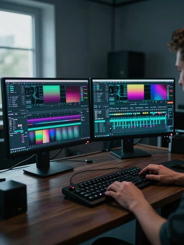 Wide cinematic still from a professional color-grading suite, dual monitors glowing with deep teal and magenta film grade, a colorist's hand resting on a DaVinci Resolve panel to the right, cool northern window light entering from the left, studio environment receding into dark background, high production value