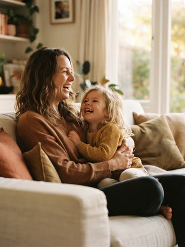 Candid mid-shot of a mother and young child laughing together on a warm cream couch, soft golden-hour window light, shallow depth of field, authentic moment