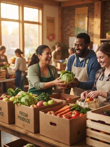 Candid medium shot of friendly community volunteers unpacking fresh produce boxes together in a sunlit community center, warm golden-hour light, genuine smiles.